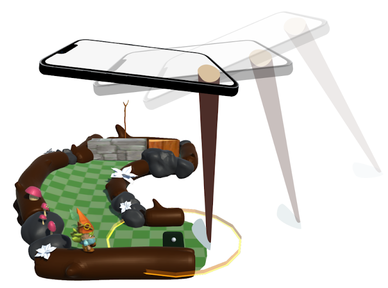 The same course as shown above, but viewed from the left. Above the course is a smartphone, looking down at the course. Extending out of the right side of the phone is a putter, which is lined up to putt the ball towards the sloped curve.