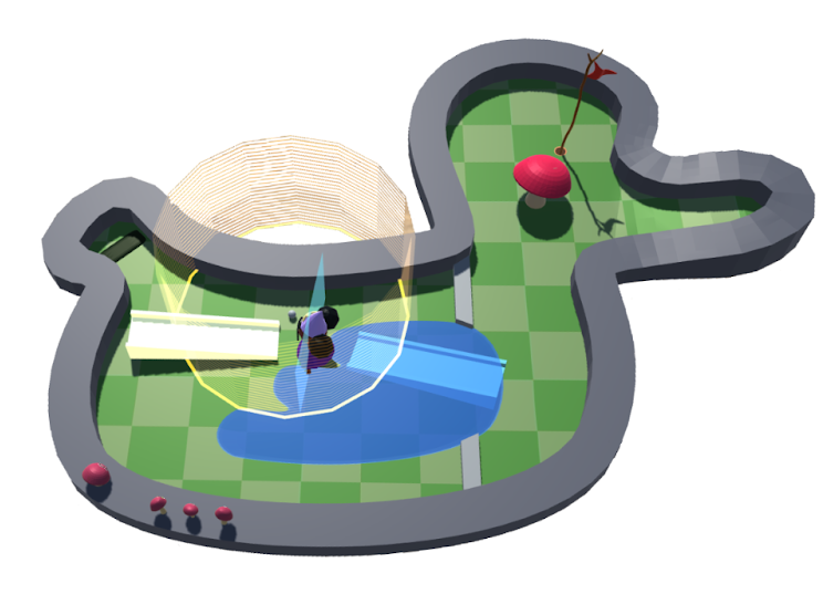 A minigolf-style course with an outer wall in the shape of a duck in profile. In the duck's body, a there is a wing-shaped lake. A ramp points away from the lake, and a ghost version of the ramp is reflected to point across the lake. In between the ramp and its reflection is a gnome, showing the plane across which the ramp is reflected. Next to the gnome is the ball, around which is a yellow cylinder.