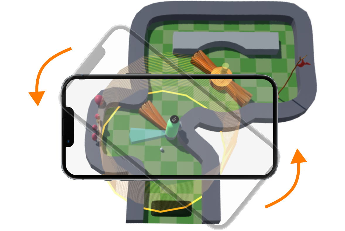 A minigolf-style course in which a wooden object is blocking the ball's progress. A gnome stands on top of the object, and a ghost version of the object, having been rotated around the gnome, is in a position such that the player could putt around it. Next to the gnome is the ball, around which is a yellow cylinder. Looking down on the course is a phone aligned with the ghost object, along with a reduced-opacity version of the phone aligned with the object and arrows indicating a rotaion from the reduced-opacity phone to the full-opacity phone.
